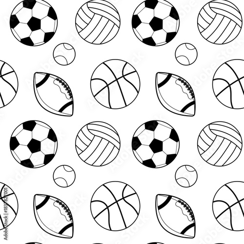 Seamless sports balls pattern with football, basketball, volleyball, tennis ball and rugby ball. Black and white outline design for kids decor, textile, wrapping paper and backgrounds.
