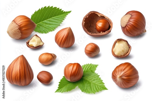 Close-up of various fresh hazelnuts with green leaves