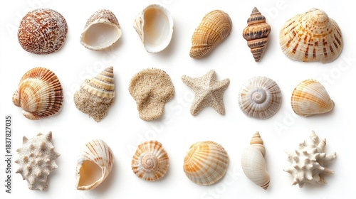 Collection of varied, decorative seashells on white backdrop