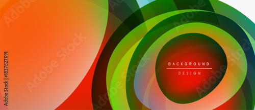 Abstract colorful circles overlap creating dynamic visual effect. Gradient shades blend smoothly, forming modern background design.