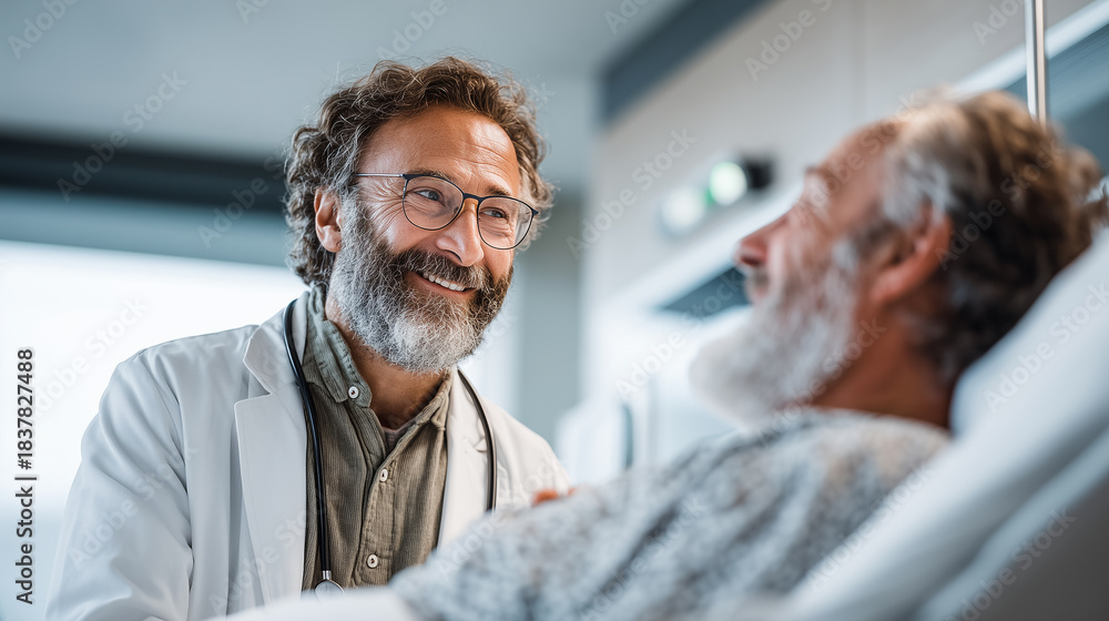 Fototapeta premium Friendly Doctor Visiting Senior Male Patient in Hospital Room, Providing Reassurance and Medical Care