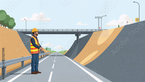 Road Engineer Inspecting Bridge Approach Construction – Modern Vector Illustration