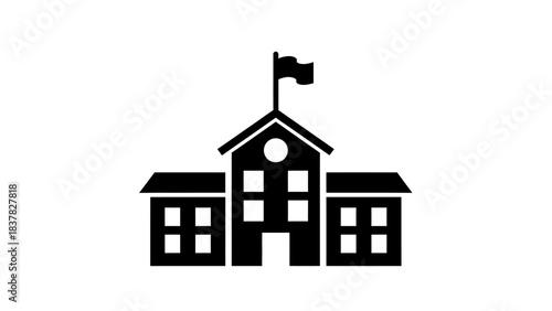 A black and white silhouette icon of a school building with a flag on its roof, representing education or government.