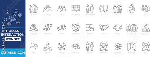 Human interaction line icon set featuring communication, teamwork, collaboration, colleague, connect, support, talk, partnership, user engagement, and social interaction symbols.