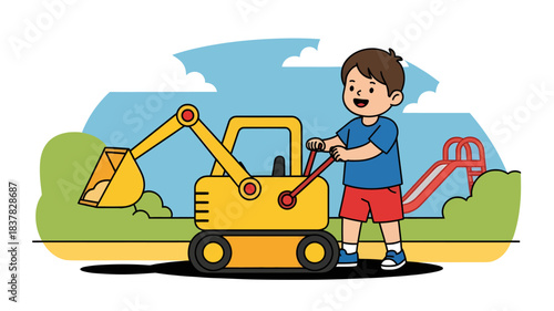 Happy young boy having fun playing with a yellow toy excavator in a park, enjoying imaginative construction play on a bright sunny day