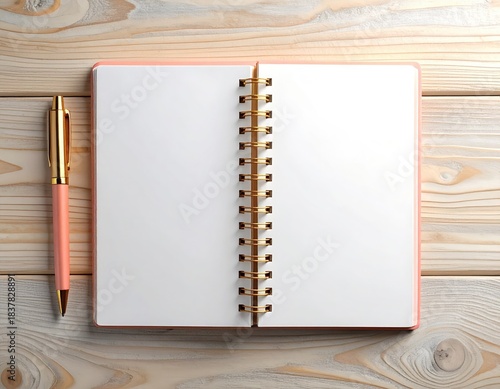 Opened blank notepad with pen, top view