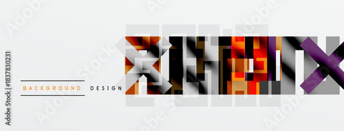 Abstract geometric design features colorful overlapping squares, rectangles. Text reads background design. Minimalist style, modern aesthetic.