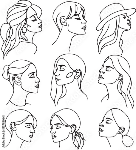 Collection of minimalist line art diverse women's face profiles design