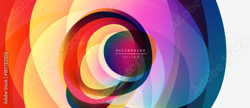 Abstract colorful layers create dynamic circular pattern. Vibrant hues blend, forming modern background design. Smooth gradients suggest movement, energy.
