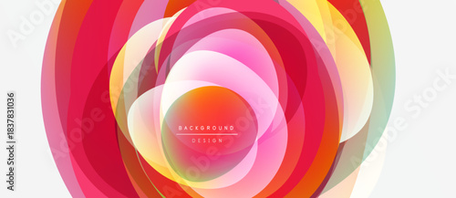 Abstract colorful layers create dynamic circular design. Bright hues blend, forming modern background element. Text reads background design.