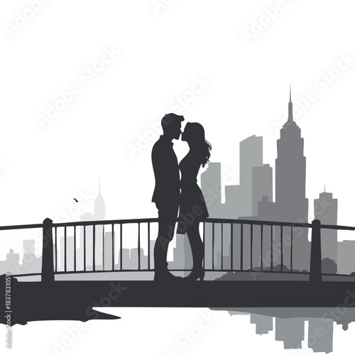 Silhouette of a romantic couple kissing on a bridge with city skyline.