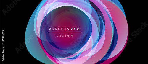 Abstract vibrant layers create circular design. Pink, purple, blue hues blend, forming dynamic visual effect. Text reads background design.