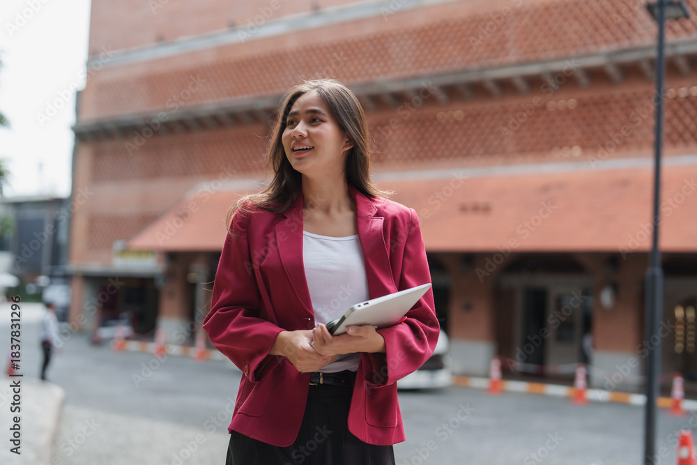 Fototapeta premium Young businesswoman holding digital tablet standing outdoors