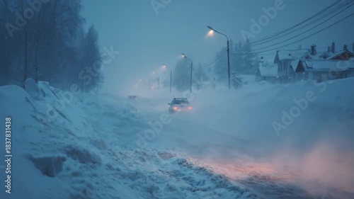 Snowy night roads, car with glowing headlights plows through drifts as azure streetlamps glow softly