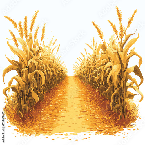 corn field path middle mobile unnerving based unbiased valve borders pathway splash harrowing during autumn , vector style simple color