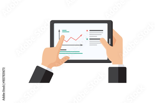 vector illustration of Business Professionals Analyzing Data On Tablet With Graphs, Charts, And Textual Notes For Insights.