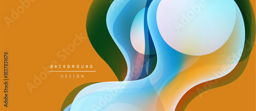 Abstract fluid shapes overlap, creating dynamic composition. Warm orange contrasts cool blues, greens. Modern design element.