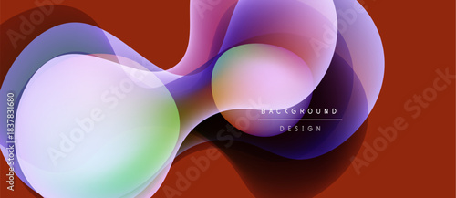 Abstract shapes overlap, creating vibrant color blends. Red background emphasizes translucent forms, modern design element.