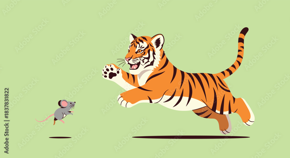 Fototapeta premium A vibrant illustration captures the moment a powerful orange and black striped tiger pounces with enthusiasm towards a small, grey mouse.