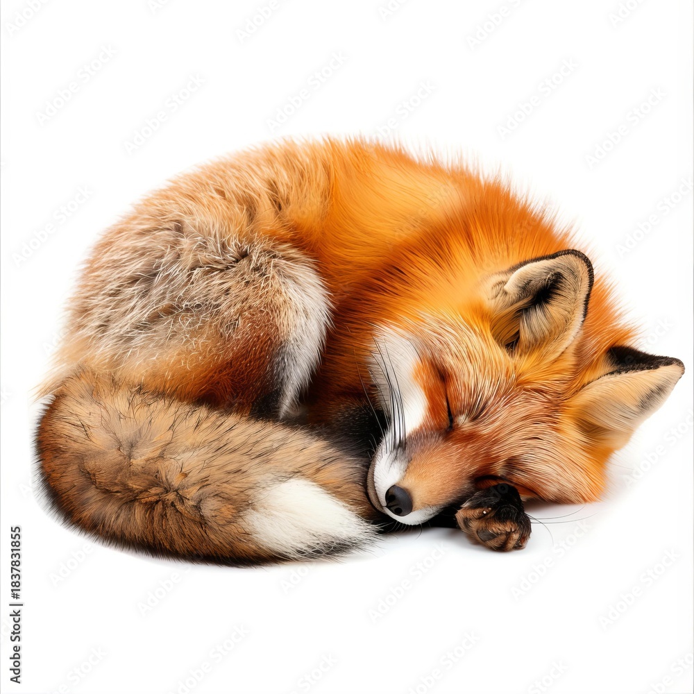 Obraz premium Studio shot of a red fox sleeping peacefully, curled up on a white background