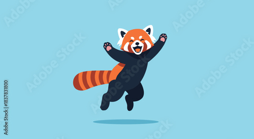 A cute cartoon red panda is joyfully jumping with its arms raised in the air.