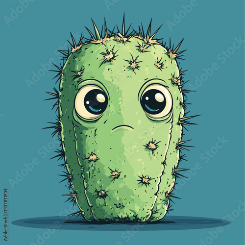 cartoon illustration fuzzy animal big eyes nose cactus wild look timid vulnerable expression thin spikes bean stick scared emotion tumbleweed , vector style simple color
