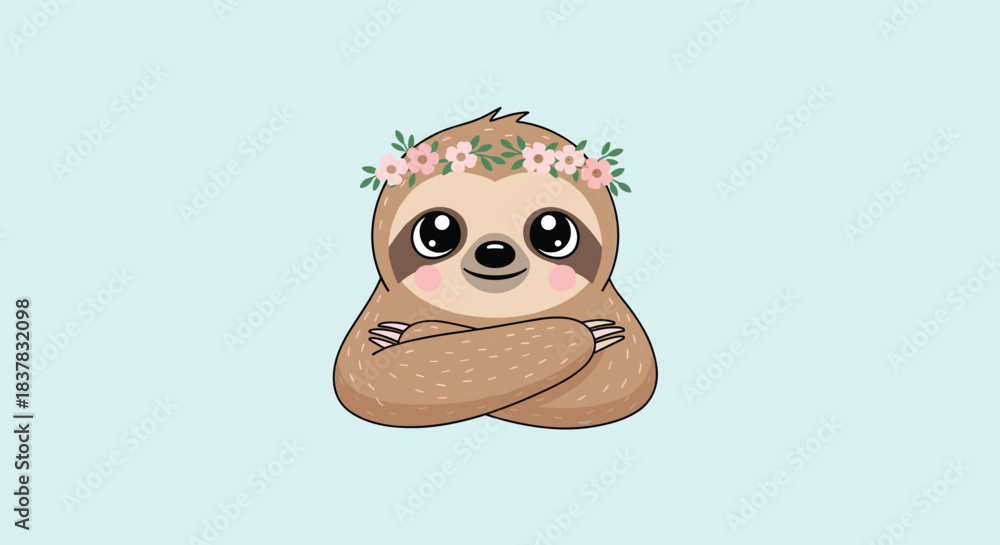 Naklejka premium Cute sloth with flower crown, arms crossed, on a pastel blue background.