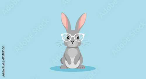 Cute cartoon rabbit wearing glasses on a light blue background.