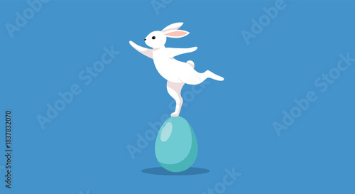 An adorable white rabbit gracefully balances on a single leg on a turquoise Easter egg, an emblem of skill and festive cheer.