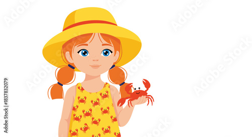 Young girl in a yellow sun hat and dress with a crab on her hand at the beach.