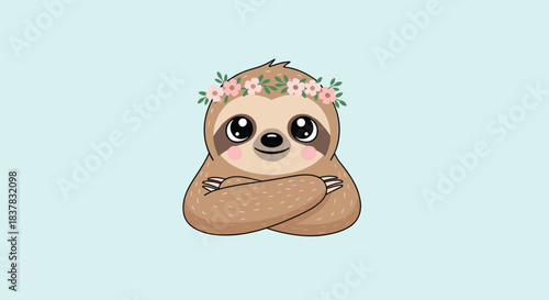 Cute sloth with flower crown, arms crossed, on a pastel blue background.
