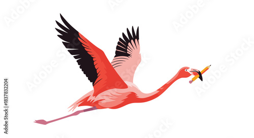 Flamingo in flight carries a pencil in its beak, symbolizing creativity, education, and the imaginative power of writing and learning.