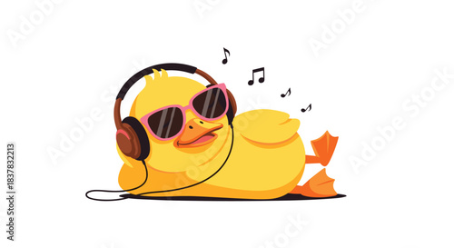 A chill cartoon duck wearing sunglasses and headphones, enjoying music while lying down.
