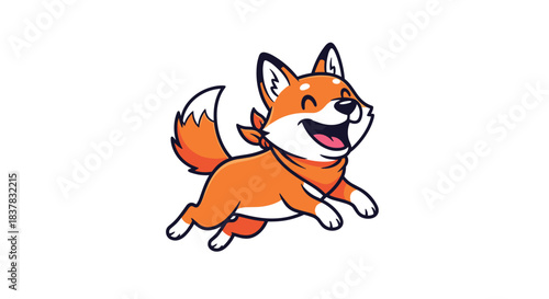 An adorable, happy cartoon fox with an orange bandana runs and jumps playfully, its joyful expression radiating enthusiasm and fun.