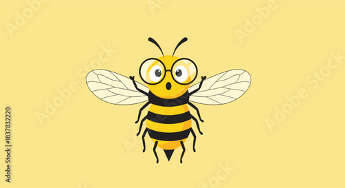 Cute cartoon bee wearing glasses looking surprised with its wings spread wide open.