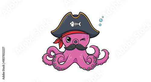 A cute cartoon octopus dressed as a pirate with a hat, bandana, and mustache.