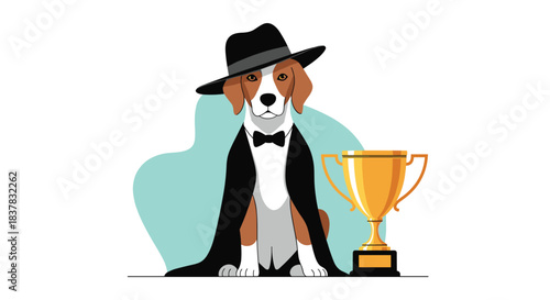 A dapper beagle wearing a fedora and tuxedo with a golden trophy, celebrating a win.