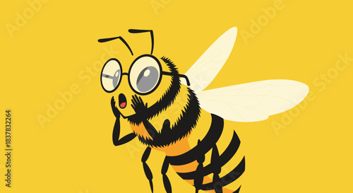 Cartoon bee wearing glasses is looking surprised, with an open mouth and hands on its face, against a solid yellow background.