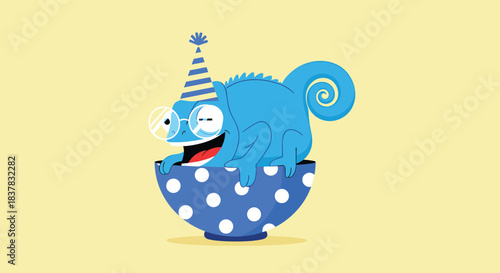 A happy blue chameleon wearing a party hat and glasses sits in a polka dot bowl.