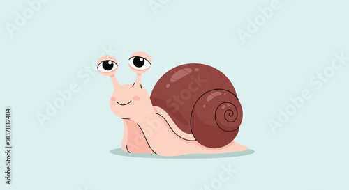 Cute cartoon snail with large eyes and a brown shell on a light blue background.