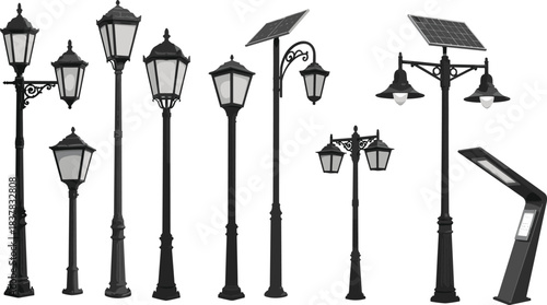 Diverse Lamppost Vector Set: Traditional Antique Gas and Victorian Style Lights, Modern Solar Powered Lamps, and Contemporary Digital Kiosk Pole, Urban Illumination Collection.