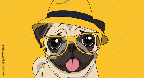 A cartoon pug dog with a hat and glasses shows its tongue against a yellow background in a funny, lighthearted illustration.