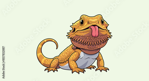 Cute cartoon bearded dragon with its tongue sticking out, isolated on a pale green background.