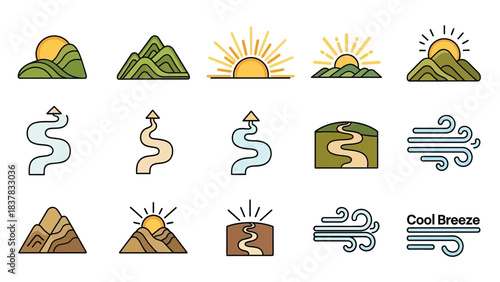 Fifteen landscape icons mountains rivers sun wind nature themes in a neat grid arrangement