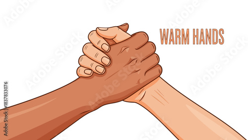 Illustration of two hands clasped with different skin tones reads WARM HANDS