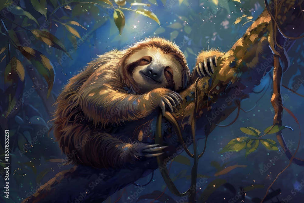 Fototapeta premium Adorable sloth sleeping peacefully on a tree branch, enjoying the tranquility of the rainforest at sunset