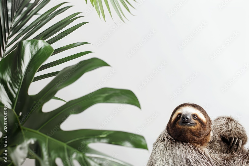 Fototapeta premium Friendly sloth is enjoying its time surrounded by lush tropical greenery against a clean white backdrop