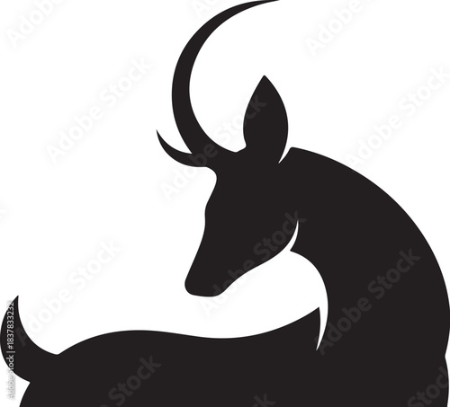 Black silhouette of a deer's head and neck with curved horn