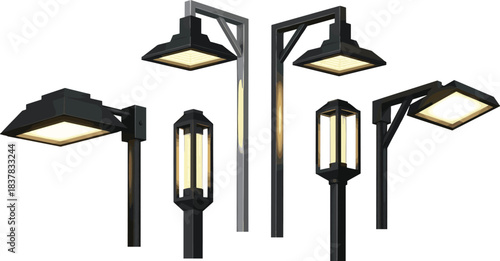 Modern Geometric Lamppost Vector Set, Contemporary Black and Grey Square LED Street Lights, Minimalist Urban Park and Pathway Illumination Design Elements.