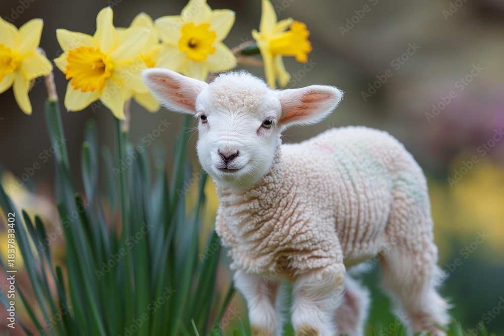Fototapeta premium Newborn lamb exploring a field of daffodil flowers in springtime
